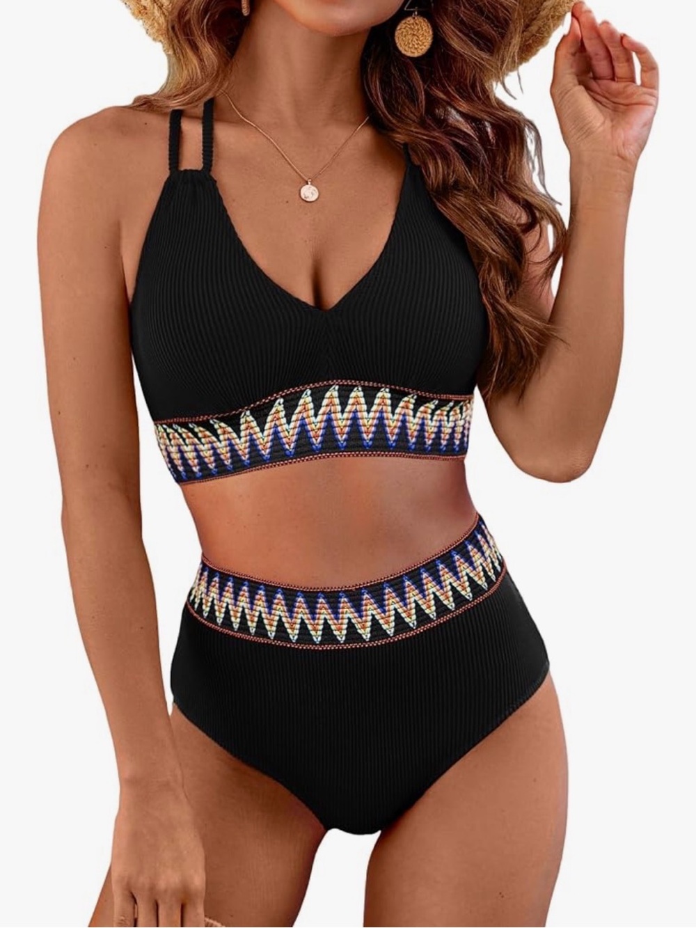 NWT Black High-Waist Ribbed Bikini Set with Zigzag Trim